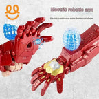Red electric robotic arms toy with blue water bomb launcher and glowing effects on white background