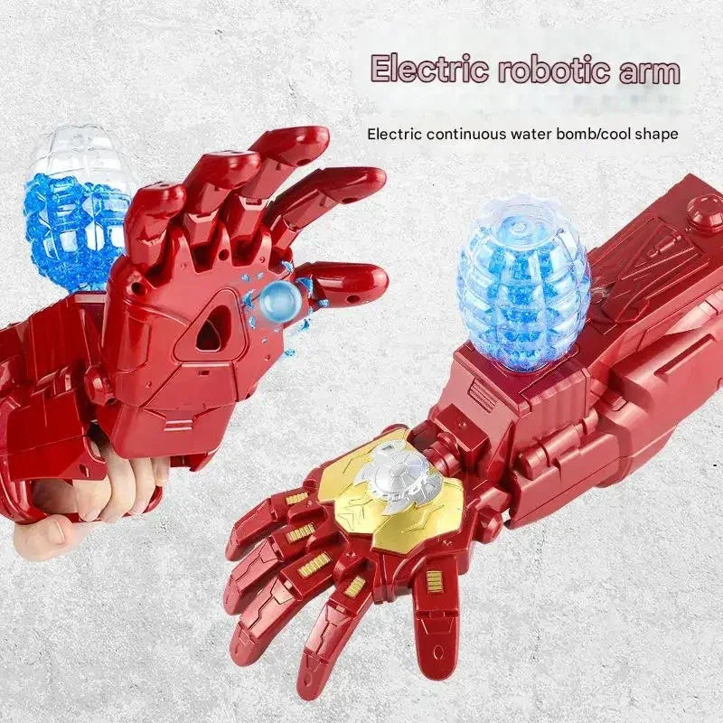 Red electric robotic arms toy with blue water bomb launcher and glowing effects on white background