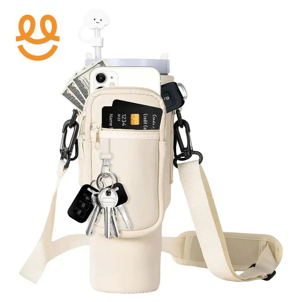 Beige insulated water bottle holder with front pockets holding phone, credit cards, cash, and keys, featuring adjustable strap