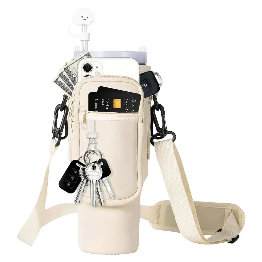 Beige insulated water bottle holder with front pockets holding phone, credit cards, cash, and keys, featuring adjustable strap