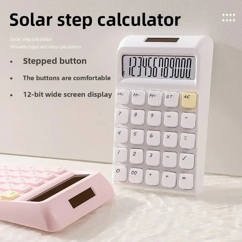 White solar step calculator with 12-bit wide screen display and comfortable stepped buttons