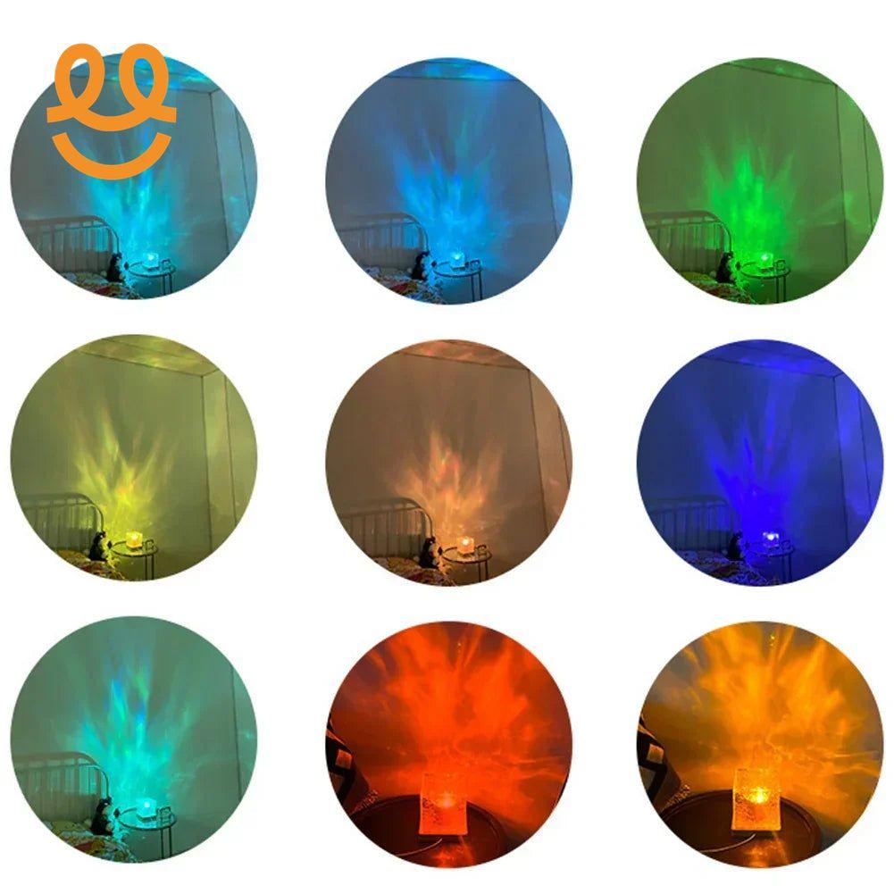 Nine circular images showing a color-changing night light casting blue, green, yellow, orange, and red hues on a bedroom wall