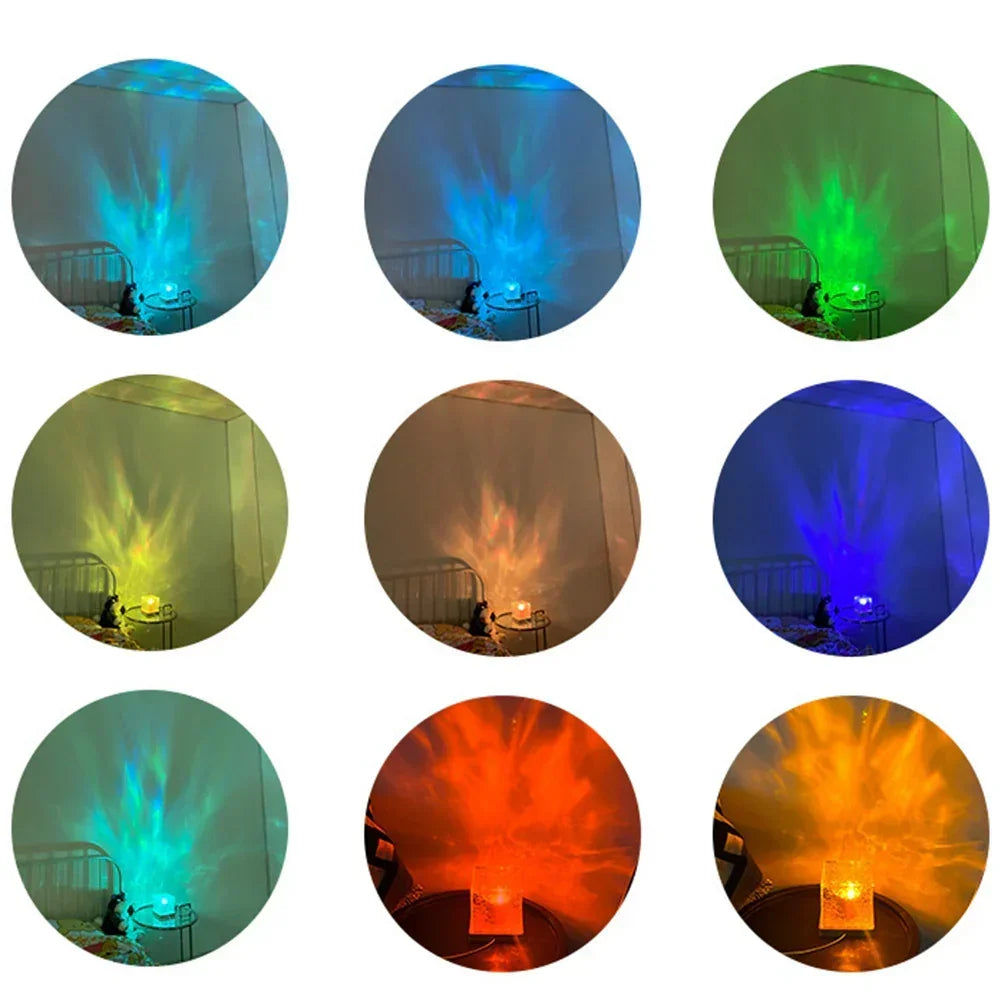 Nine circular images showing a color-changing night light casting blue, green, yellow, orange, and red hues on a bedroom wall