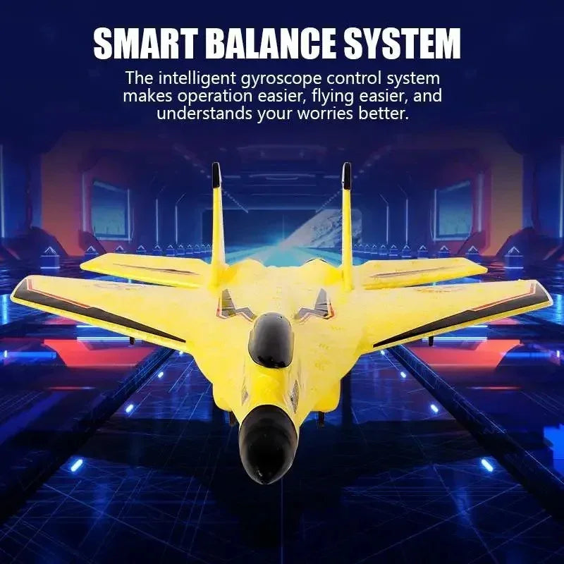 Yellow remote control jet plane with smart balance gyroscope system in futuristic blue tech setting