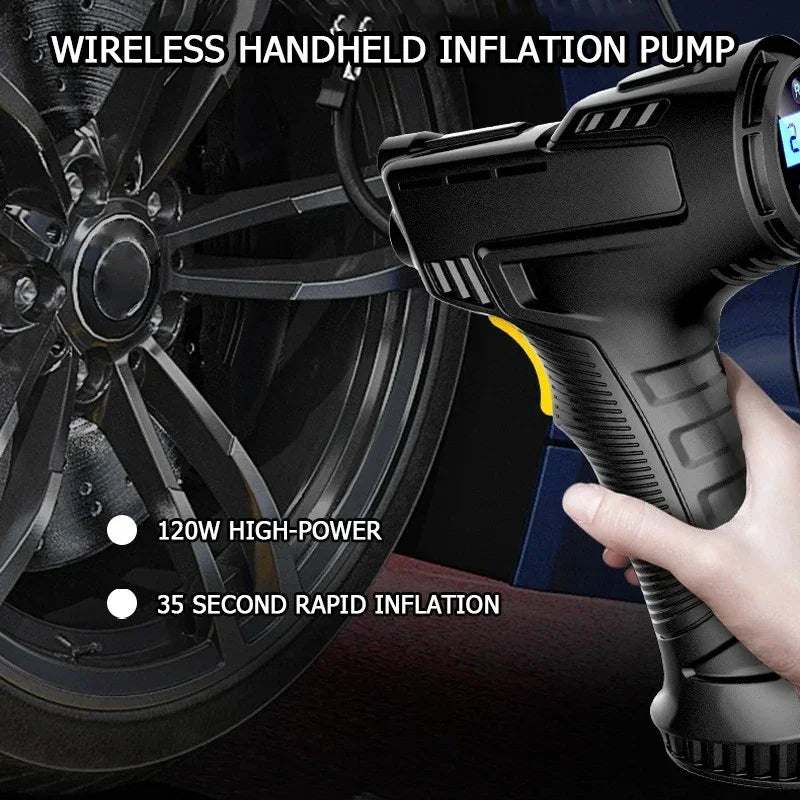 Wireless handheld inflation pump inflating a black car tire with digital display