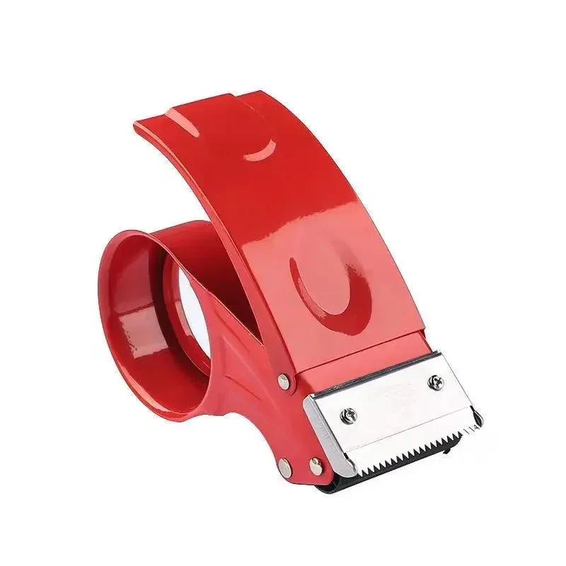 Red handheld tape dispenser with serrated metal cutting blade for packaging
