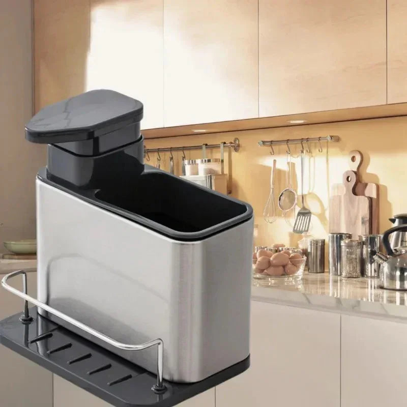 stainless steel kitchen countertop compost bin with black lid and railing in modern kitchen