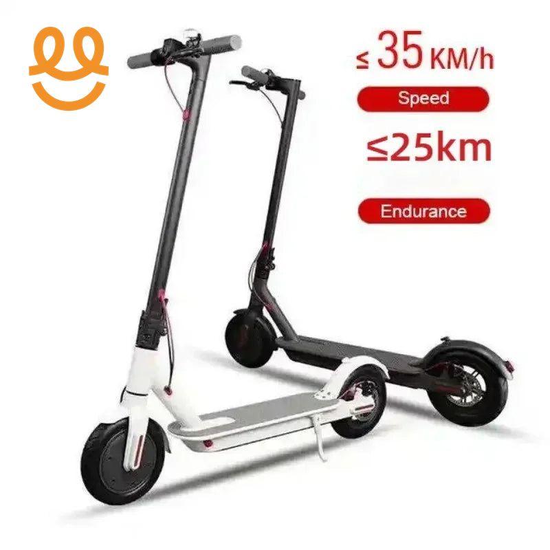 Two electric scooters in white and black, speed up to 35 km/h, endurance up to 25 km
