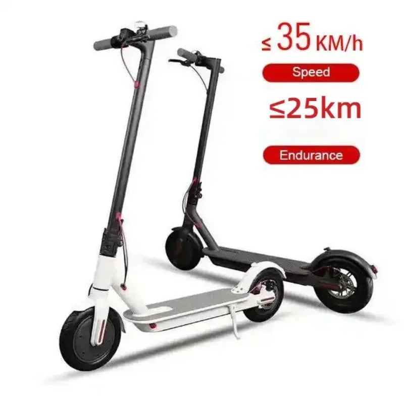 Two electric scooters in white and black, speed up to 35 km/h, endurance up to 25 km