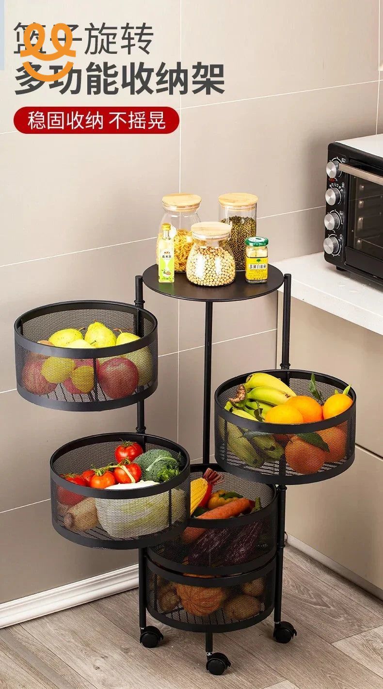 Black metal multi-tier rotating kitchen storage rack with fresh fruits, vegetables, and jars