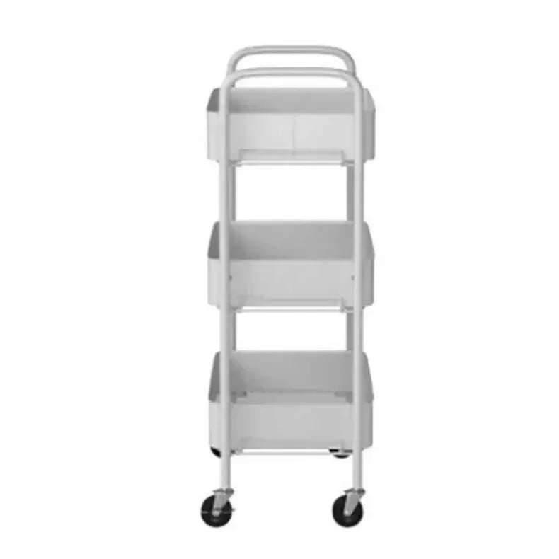 White three-tier utility cart with handles and four black caster wheels
