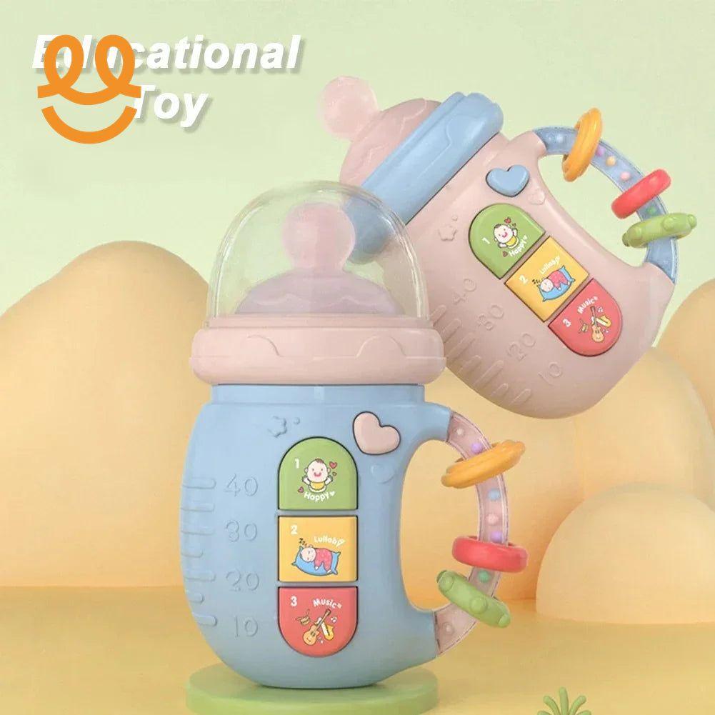 Two colorful baby bottle-shaped educational toys with music and lullaby buttons on a soft yellow background