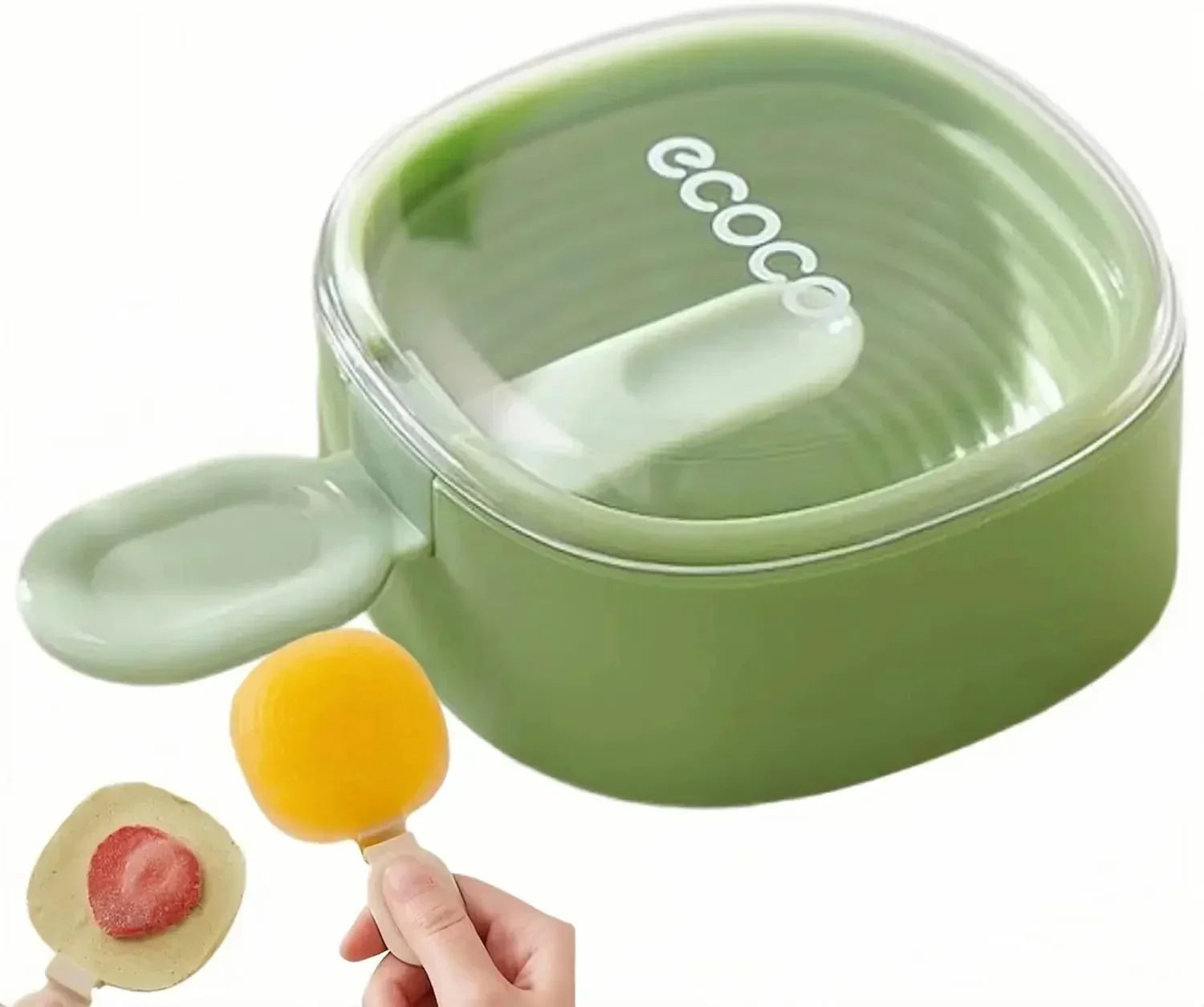 Green Ecoco silicone popsicle mold with lid and two handmade popsicles, one with strawberry inside