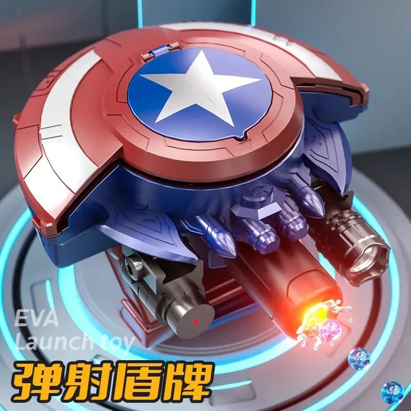 Futuristic Captain America shield-themed toy launcher with glowing marble shooter