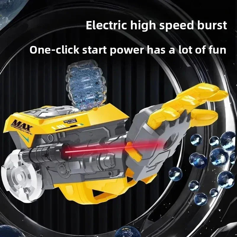 Yellow and gray electric toy blaster with rotating barrel and red laser, shooting blue pellets