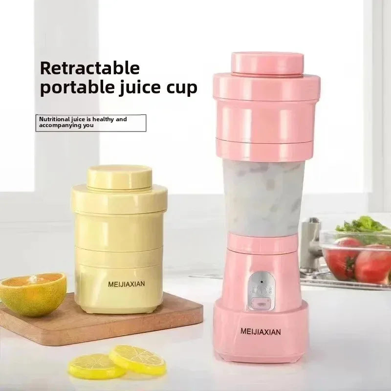 Retractable portable juice cups in pink and yellow on kitchen counter with lemon slices and half orange
