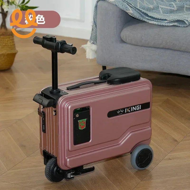 Compact pink KINGI electric ride-on suitcase with handlebars on wooden floor in modern living room