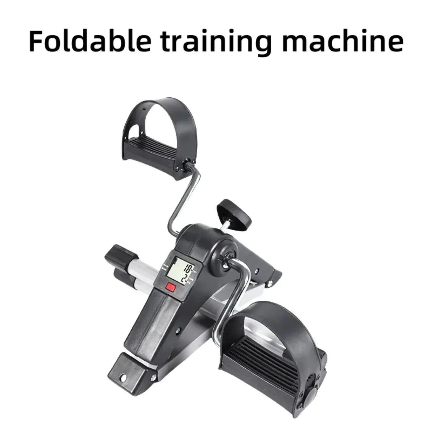 Compact foldable black and silver pedal exerciser with digital display for home fitness training