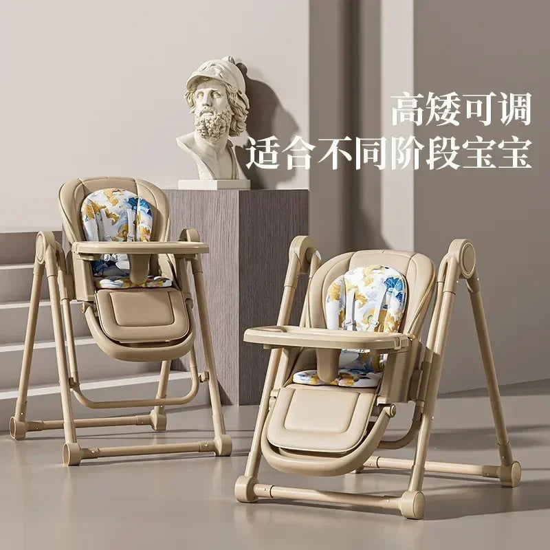 Adjustable beige baby high chairs with floral cushions in modern room with sculpted bust