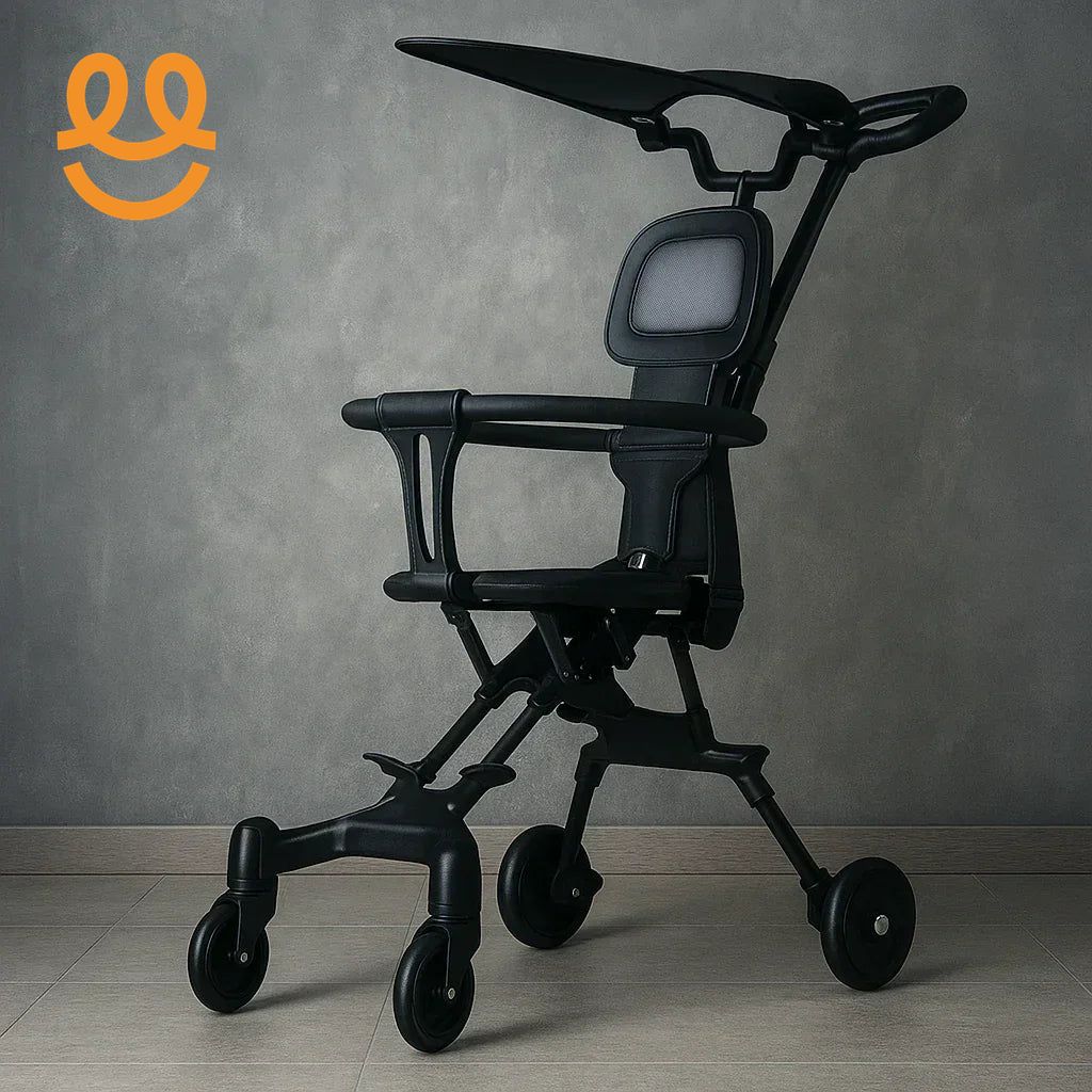 Modern black stroller with ergonomic seat and canopy on tiled floor against gray wall