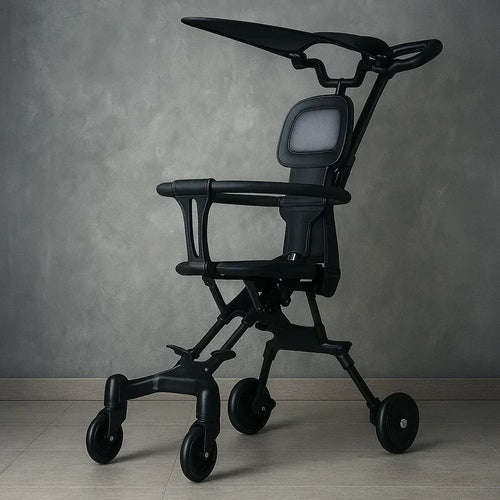 Modern black stroller with ergonomic seat and canopy on tiled floor against gray wall