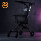 modern black stroller with mesh backrest and sunshade on dark purple background