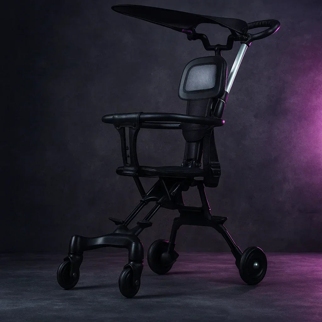 modern black stroller with mesh backrest and sunshade on dark purple background