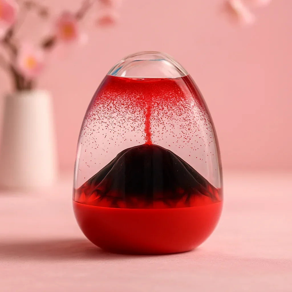Decorative glass volcano lava lamp with red liquid and black volcanic shape on pink background