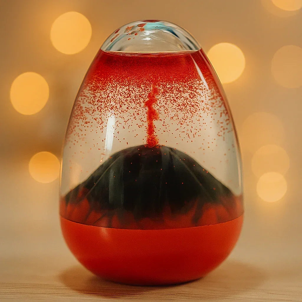 Red lava lamp with black base and red bubbles against warm bokeh background