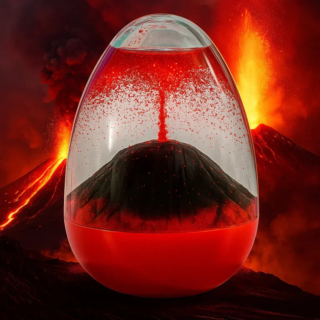 Volcanic aesthetic display with erupting volcano model inside clear liquid-filled glass egg