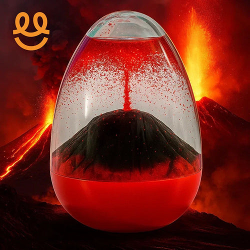 Volcanic aesthetic display with erupting volcano model inside clear liquid-filled glass egg