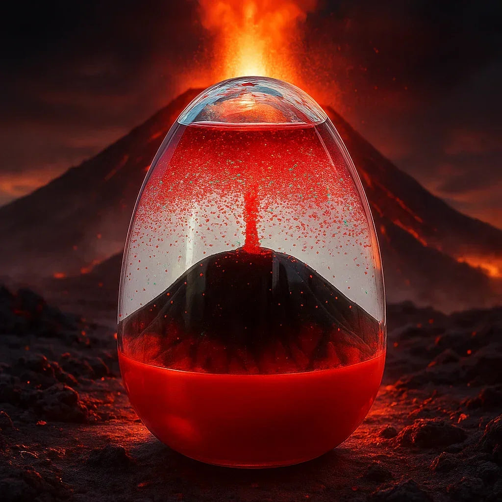 Miniature erupting volcano inside a glass dome with glowing red lava and volcanic ash