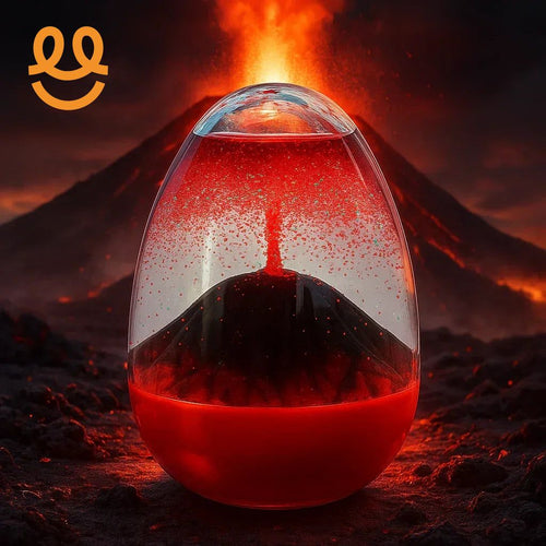 Miniature erupting volcano inside a glass dome with glowing red lava and volcanic ash