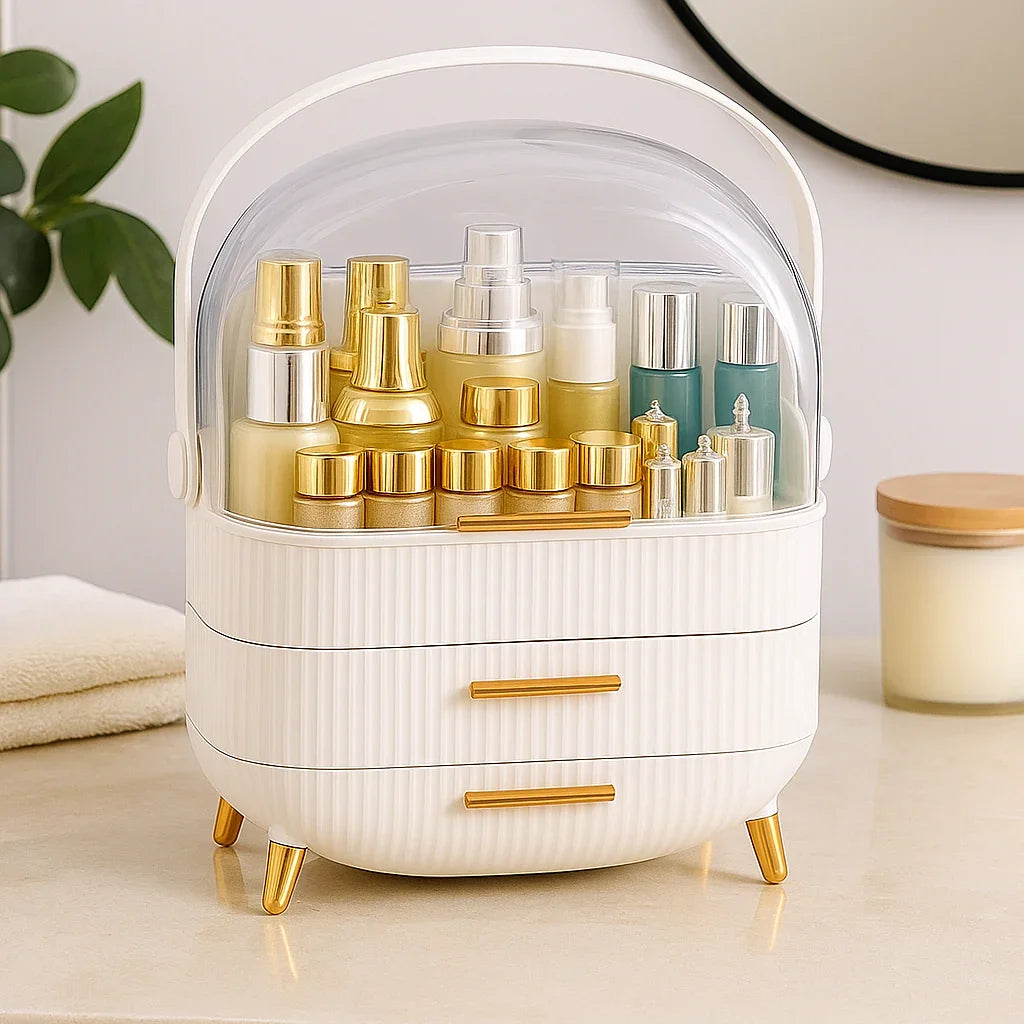 Luxury Portable Cosmetic Organizer Box with Lid & Drawers