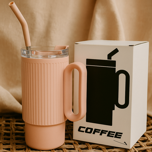 Pink Ribbed Handle Tumbler – 20 oz Insulated Straw Mug