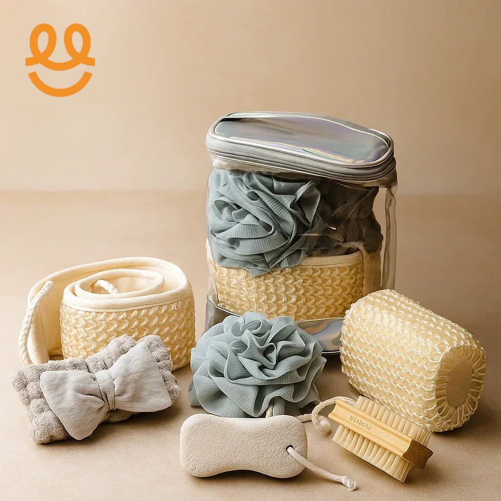 Aesthetic bath accessory set with loofah, bath sponge, pumice stone, and wooden brush on beige background
