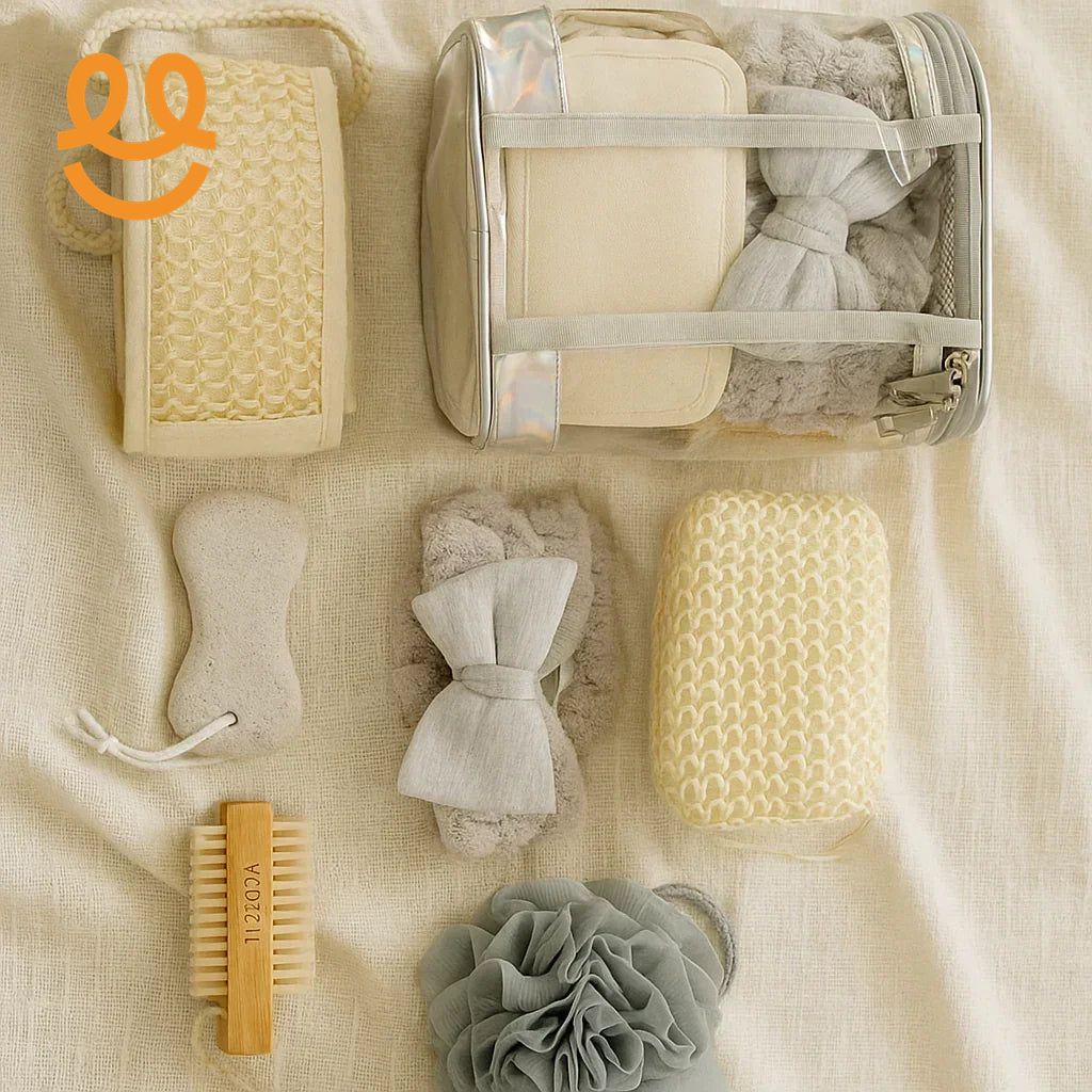 Natural bath essentials set with textured washcloths, pumice stone, wooden brush, and gray bath pouf on beige fabric