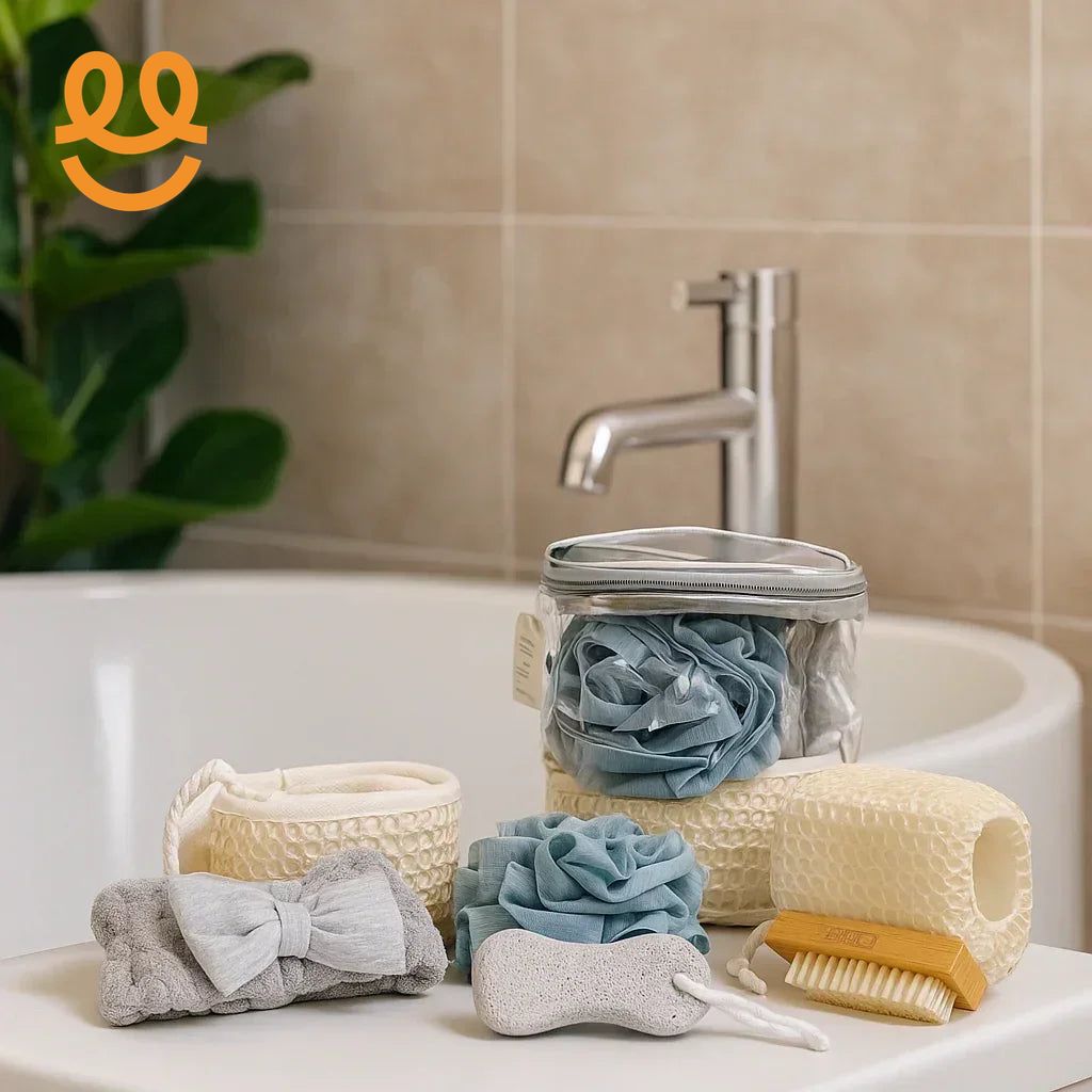 Aesthetic bathroom essentials including a blue shower puff, pumice stone, grey headband, wooden nail brush, and basket on a sink near a faucet