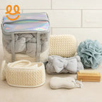 Elegant bathroom accessories set with holographic bag, soft headband, bath sponge, exfoliating brush, and washcloth