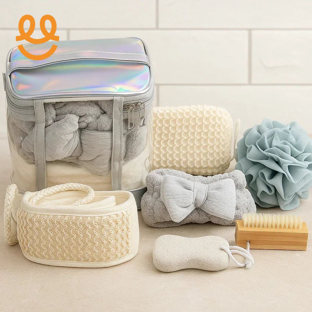 Elegant bathroom accessories set with holographic bag, soft headband, bath sponge, exfoliating brush, and washcloth