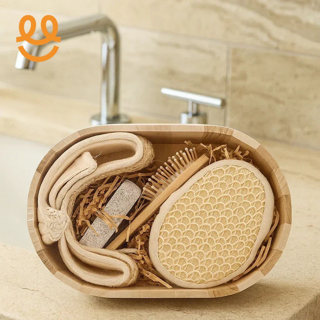 Wooden bath set with natural loofah scrubber, pumice stone, brush, and cloth on bathroom counter