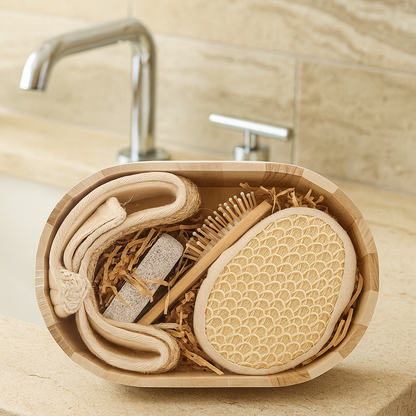 Spa Bath Accessories Gift Set – Loofah Back Scrubber, Exfoliating Body Brush & Foot/Face Pads in Bamboo Basket | Home Spa Kit for Men & Women
