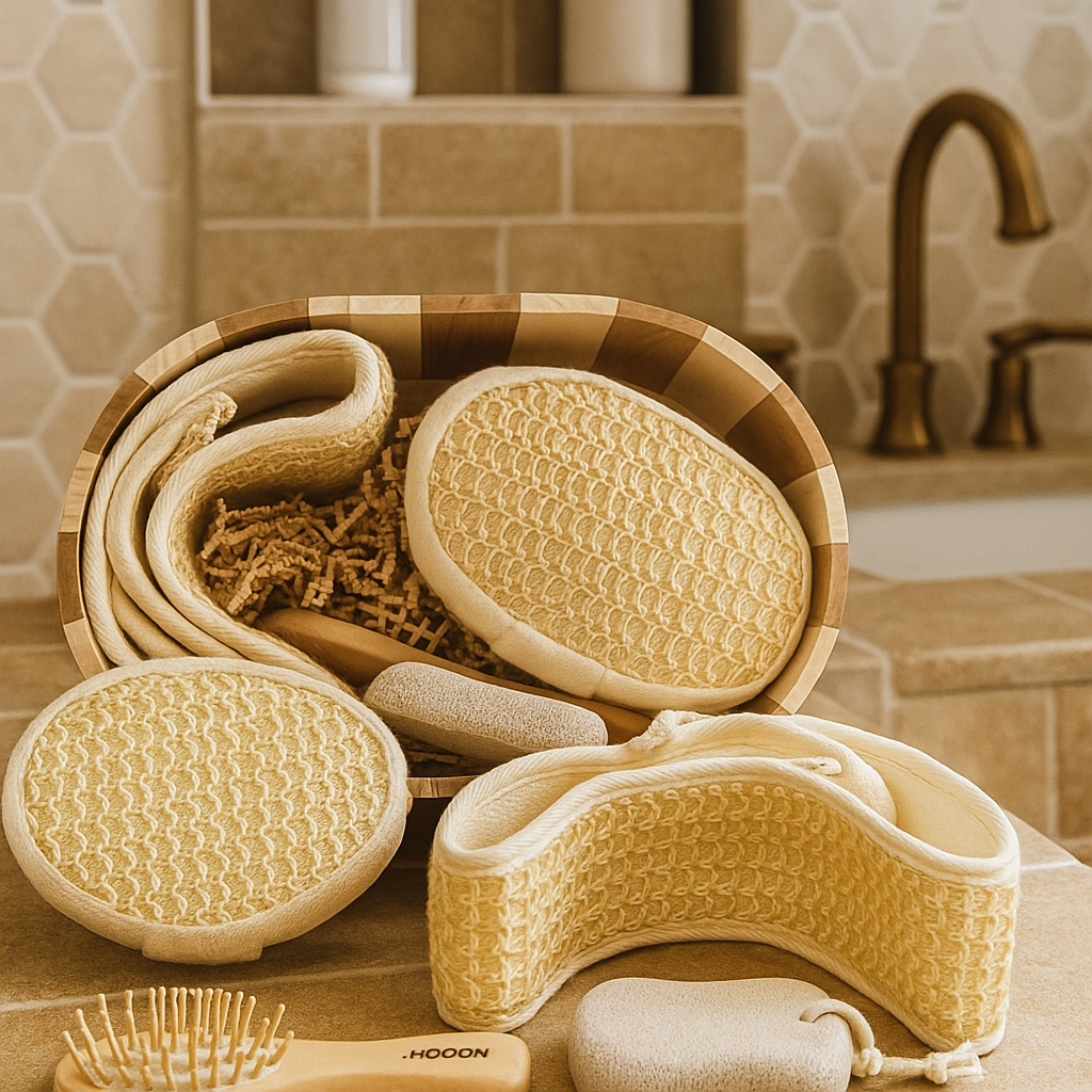 Spa Bath Accessories Gift Set – Loofah Back Scrubber, Exfoliating Body Brush & Foot/Face Pads in Bamboo Basket | Home Spa Kit for Men & Women