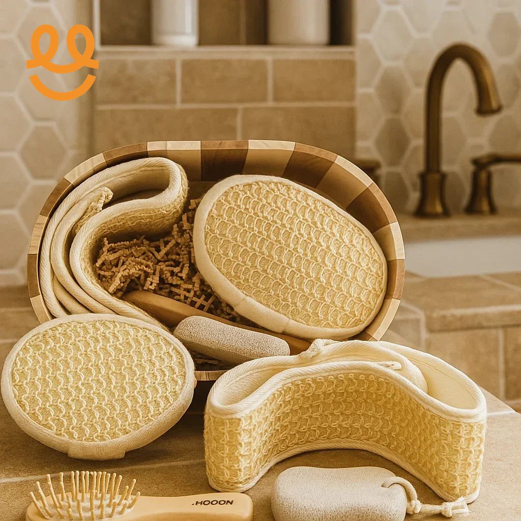 Wooden basket with natural bath sponges, exfoliating scrub pads, and a pumice stone on beige bathroom counter