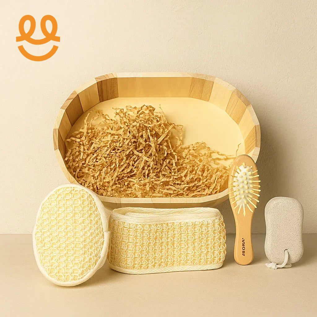 Natural wooden bath brush, exfoliating scrubbers, pumice stone, and wood tray with shredded paper