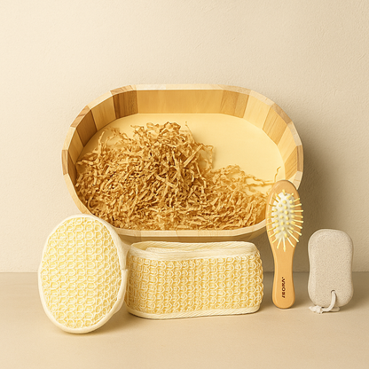 Spa Bath Accessories Gift Set – Loofah Back Scrubber, Exfoliating Body Brush & Foot/Face Pads in Bamboo Basket | Home Spa Kit for Men & Women