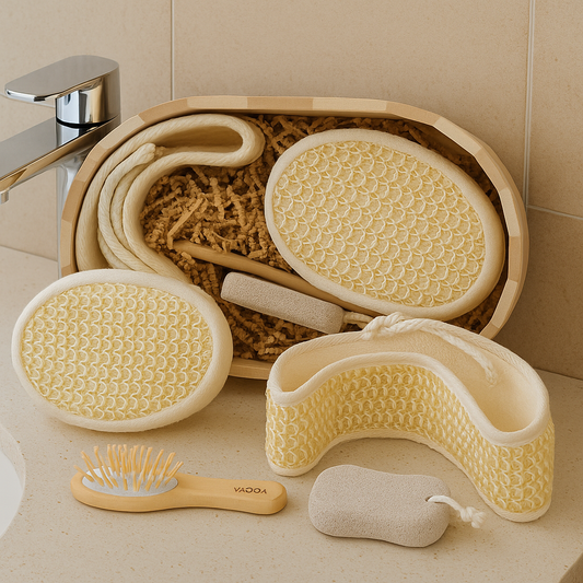 Spa Bath Accessories Gift Set – Loofah Back Scrubber, Exfoliating Body Brush & Foot/Face Pads in Bamboo Basket | Home Spa Kit for Men & Women