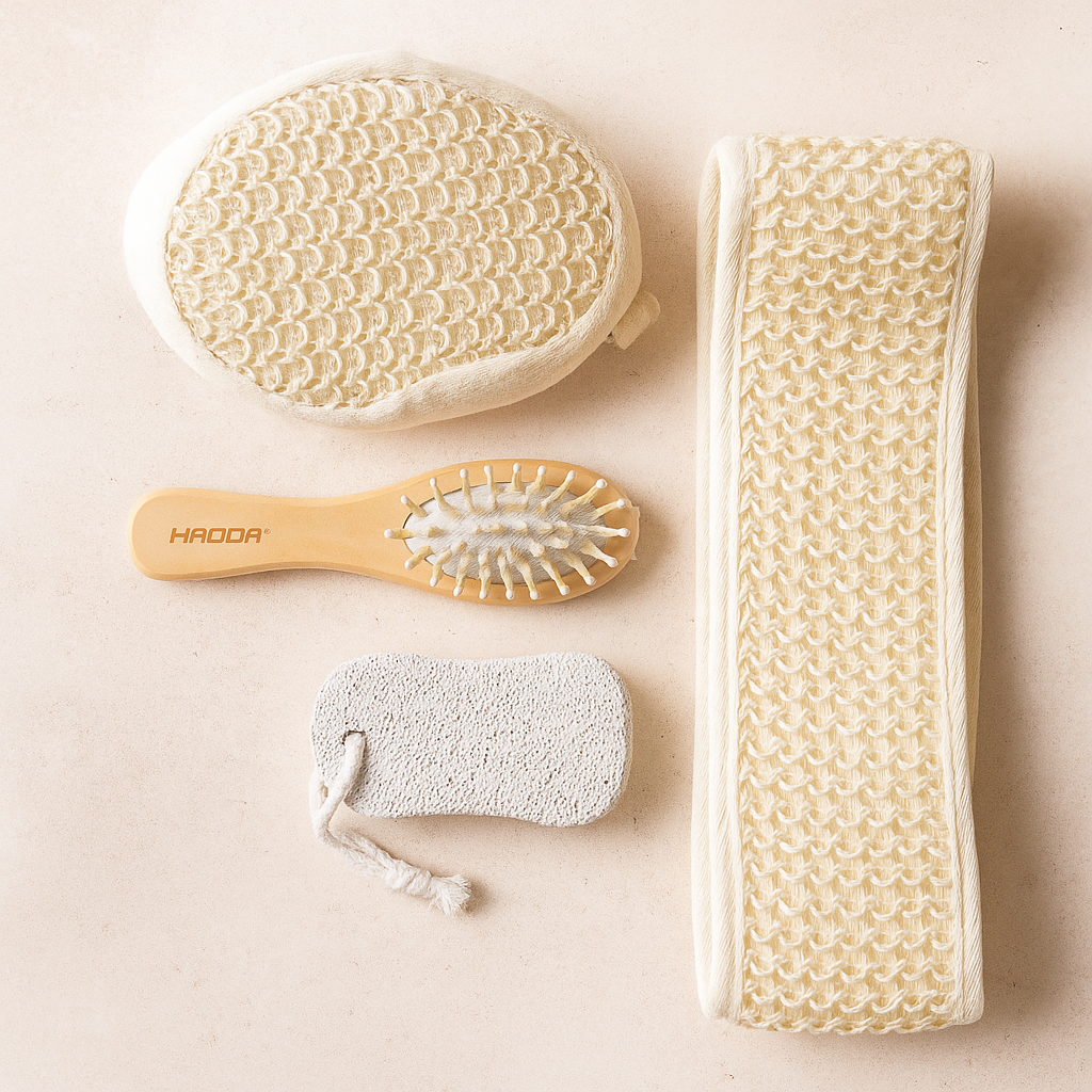 Spa Bath Accessories Gift Set – Loofah Back Scrubber, Exfoliating Body Brush & Foot/Face Pads in Bamboo Basket | Home Spa Kit for Men & Women