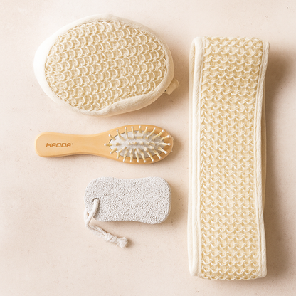 Spa Bath Accessories Gift Set – Loofah Back Scrubber, Exfoliating Body Brush & Foot/Face Pads in Bamboo Basket | Home Spa Kit for Men & Women