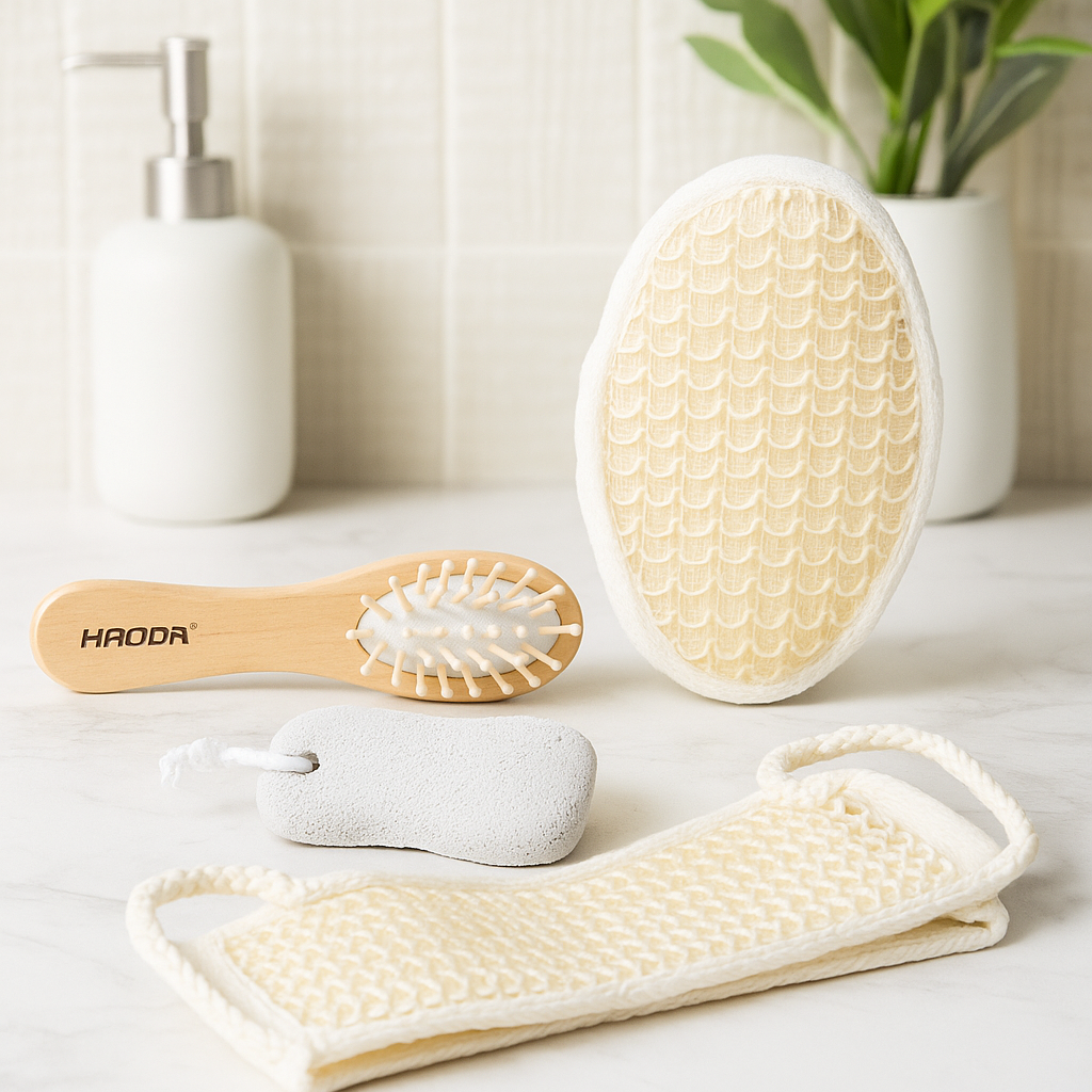 Spa Bath Accessories Gift Set – Loofah Back Scrubber, Exfoliating Body Brush & Foot/Face Pads in Bamboo Basket | Home Spa Kit for Men & Women